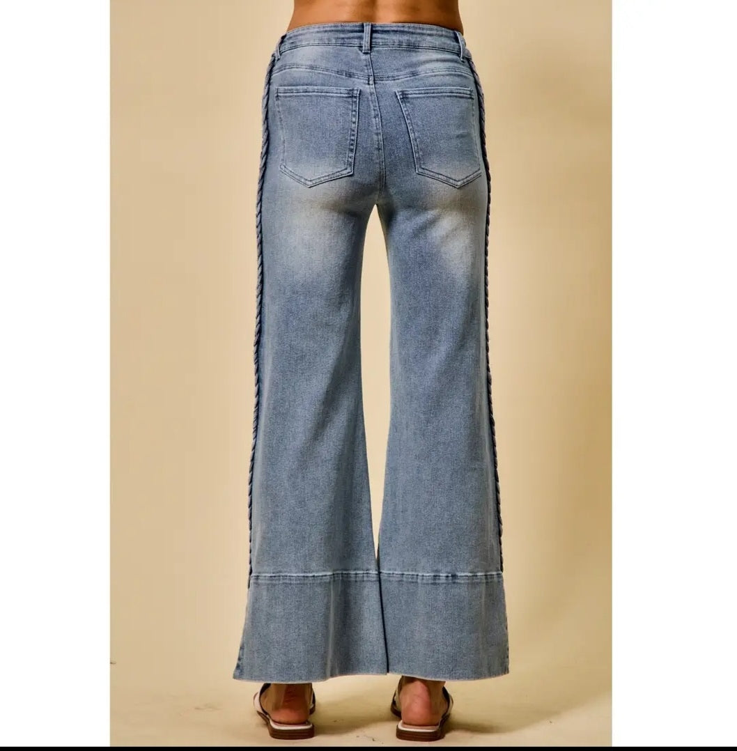 Knot Now Wide Leg Flare Denim with Side Braids