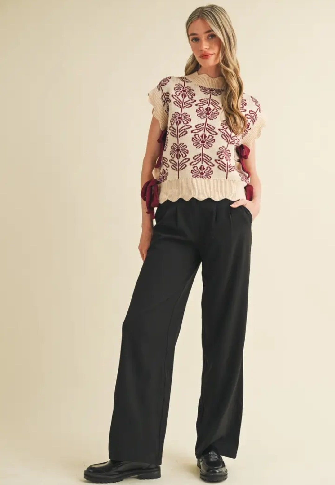 Scalloped Mock Neck Floral Sweater Vest