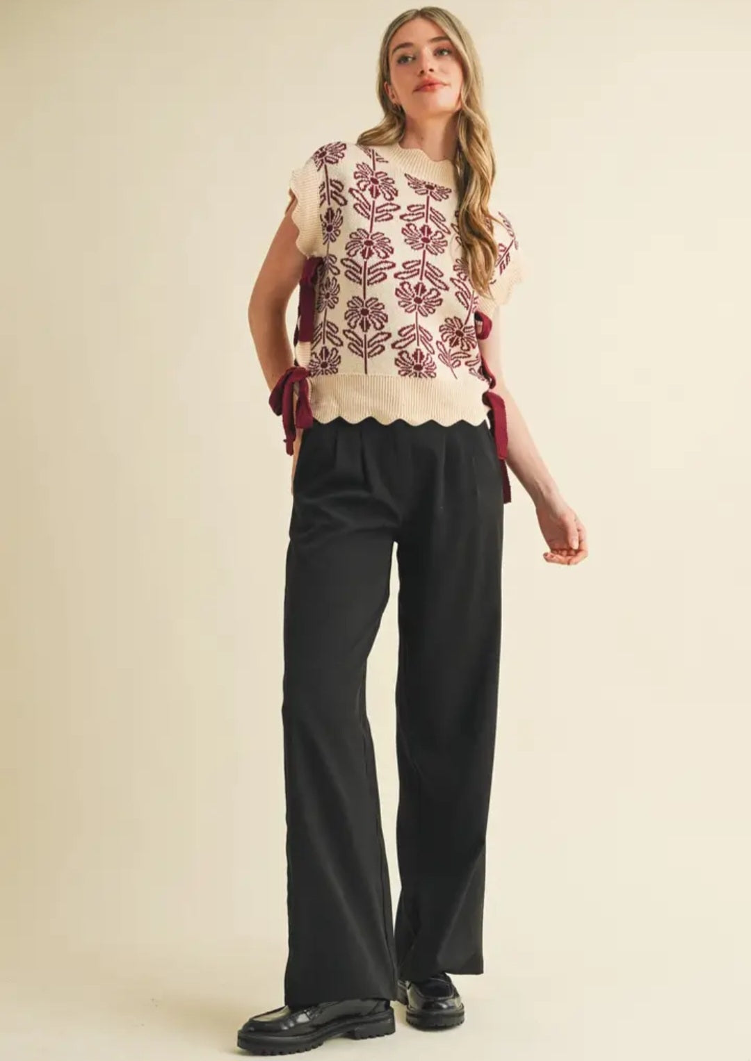 Scalloped Mock Neck Floral Sweater Vest