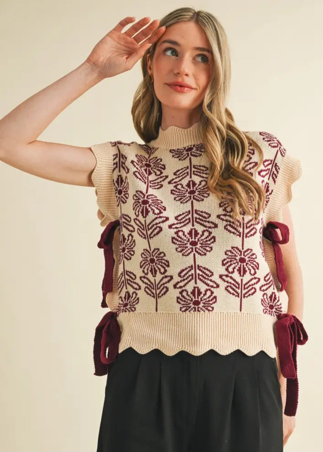 Scalloped Mock Neck Floral Sweater Vest