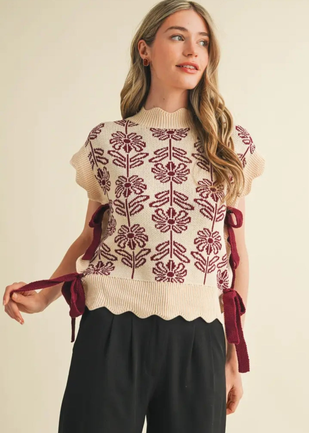 Scalloped Mock Neck Floral Sweater Vest