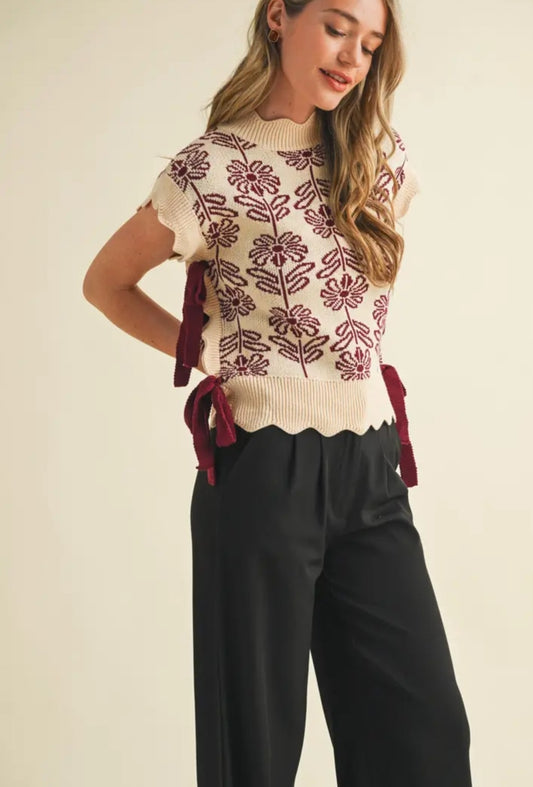 Scalloped Mock Neck Floral Sweater Vest