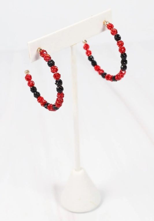 School Pride Pave Hoop Earrings ~ Red & Black