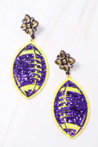 Fields of Glitter Football Earrings ~ Purple & Yellow