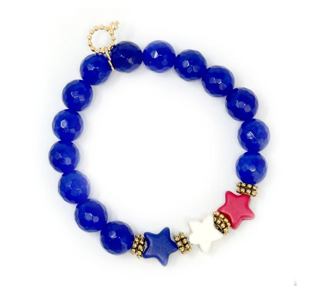 10mm Faceted First Mate Agate with 3 Stars of Patriotism Bracelet