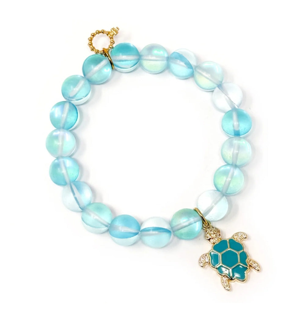 10mm Matte Capri Agate with Blue Sea Turtle Bracelet