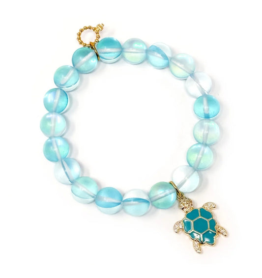 10mm Matte Capri Agate with Blue Sea Turtle Bracelet