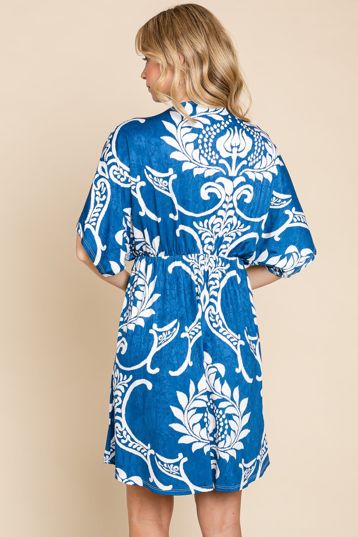 Blue Kimono Wrap V-Neck Midi Dress