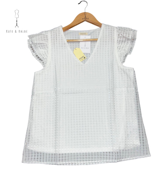 White Checkered Burnout Ruffle Cap Sleeve Top