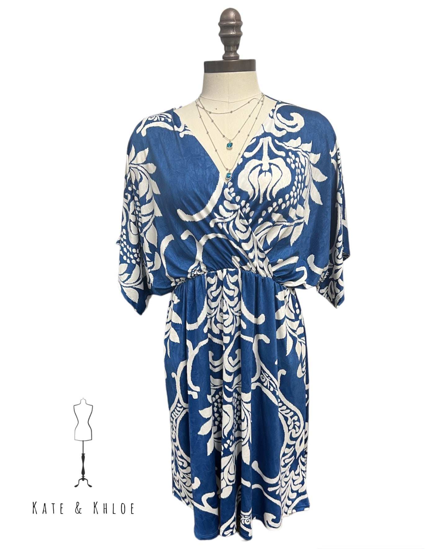 Blue Kimono Wrap V-Neck Midi Dress