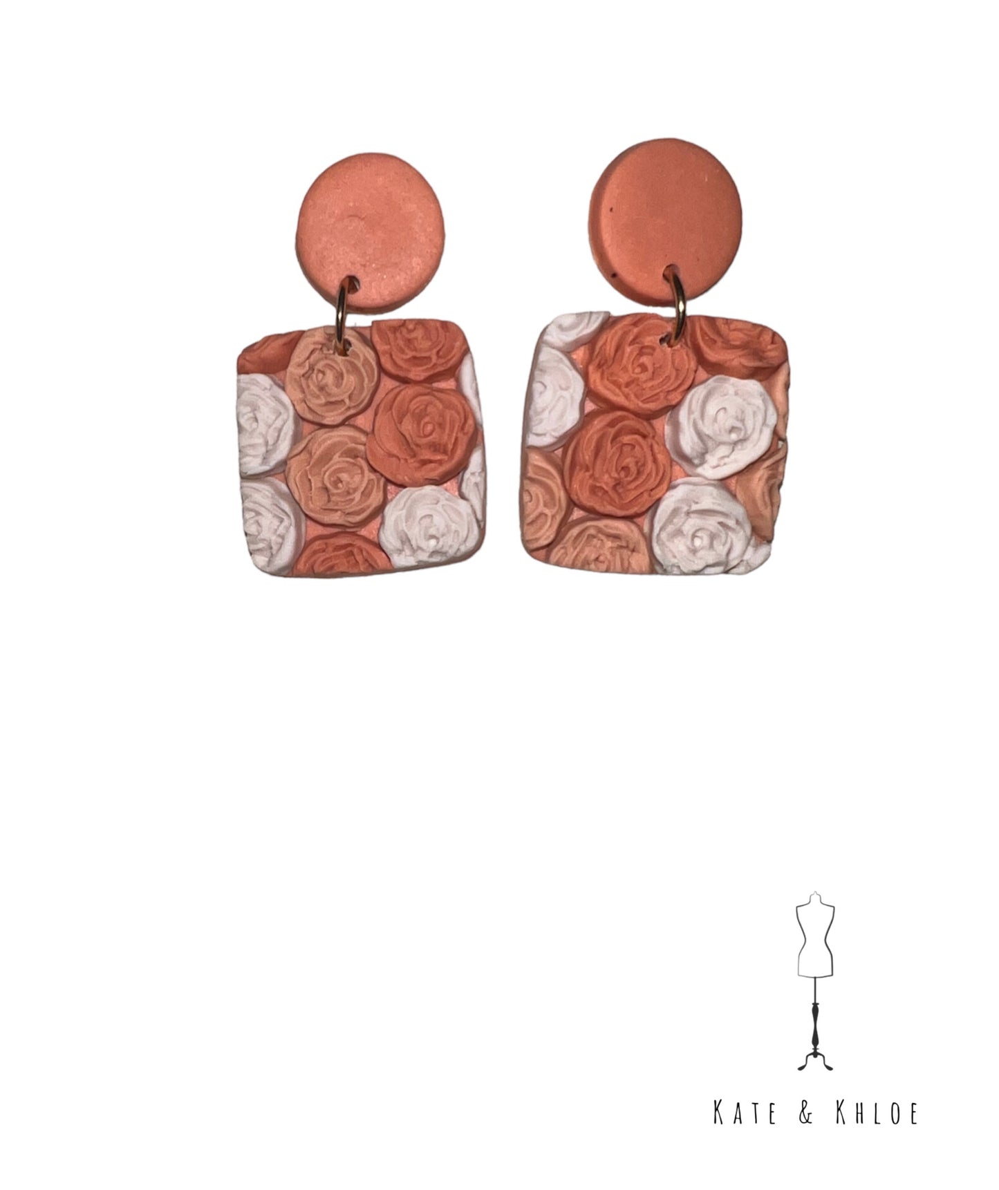 Coral Rose Bouquet Square Earrings