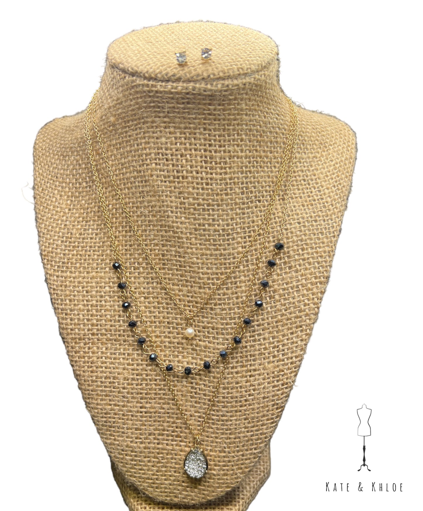 Three Tiered Gold Necklace with Matching Earrings