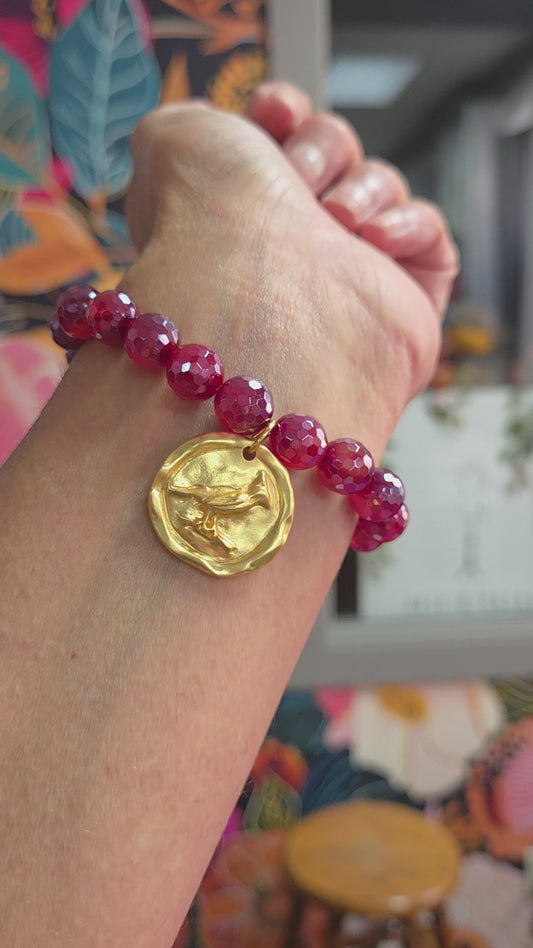 Power Beads By Jen Faceted Burgundy Agate with Gold Artisan Cardinal Charm
