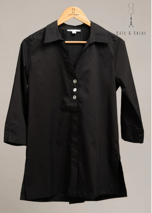 3/4 Sleeve Black Button Front Tunic