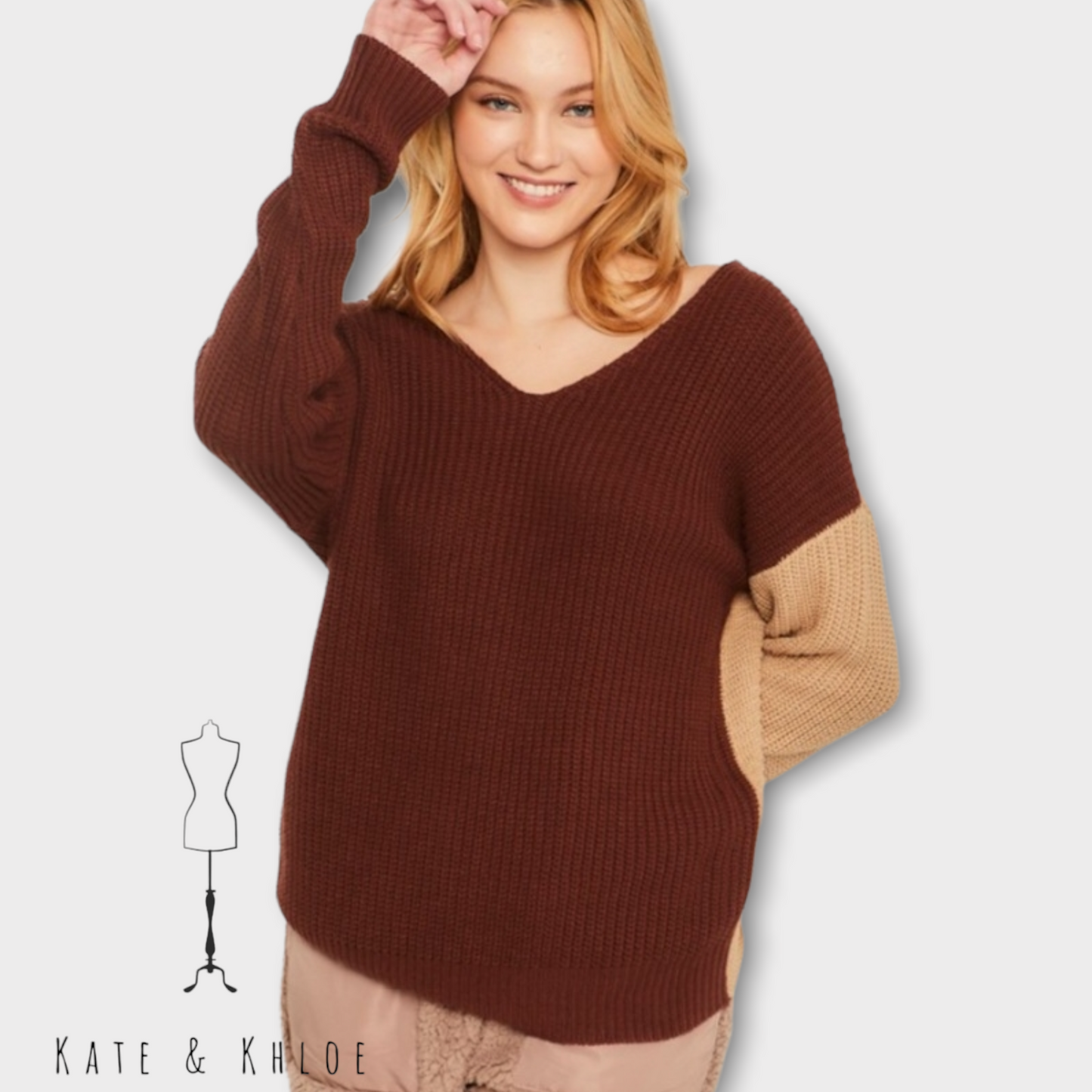 Two Tone Twist Back Sweater in Camel & Brown