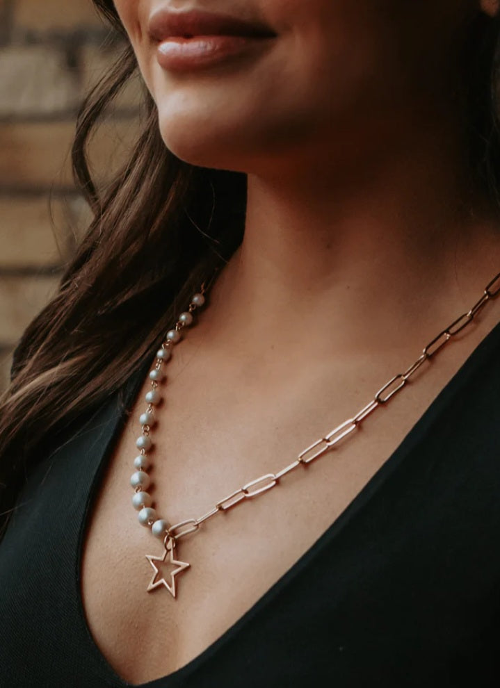 Pearl Necklace with star and chain link detail