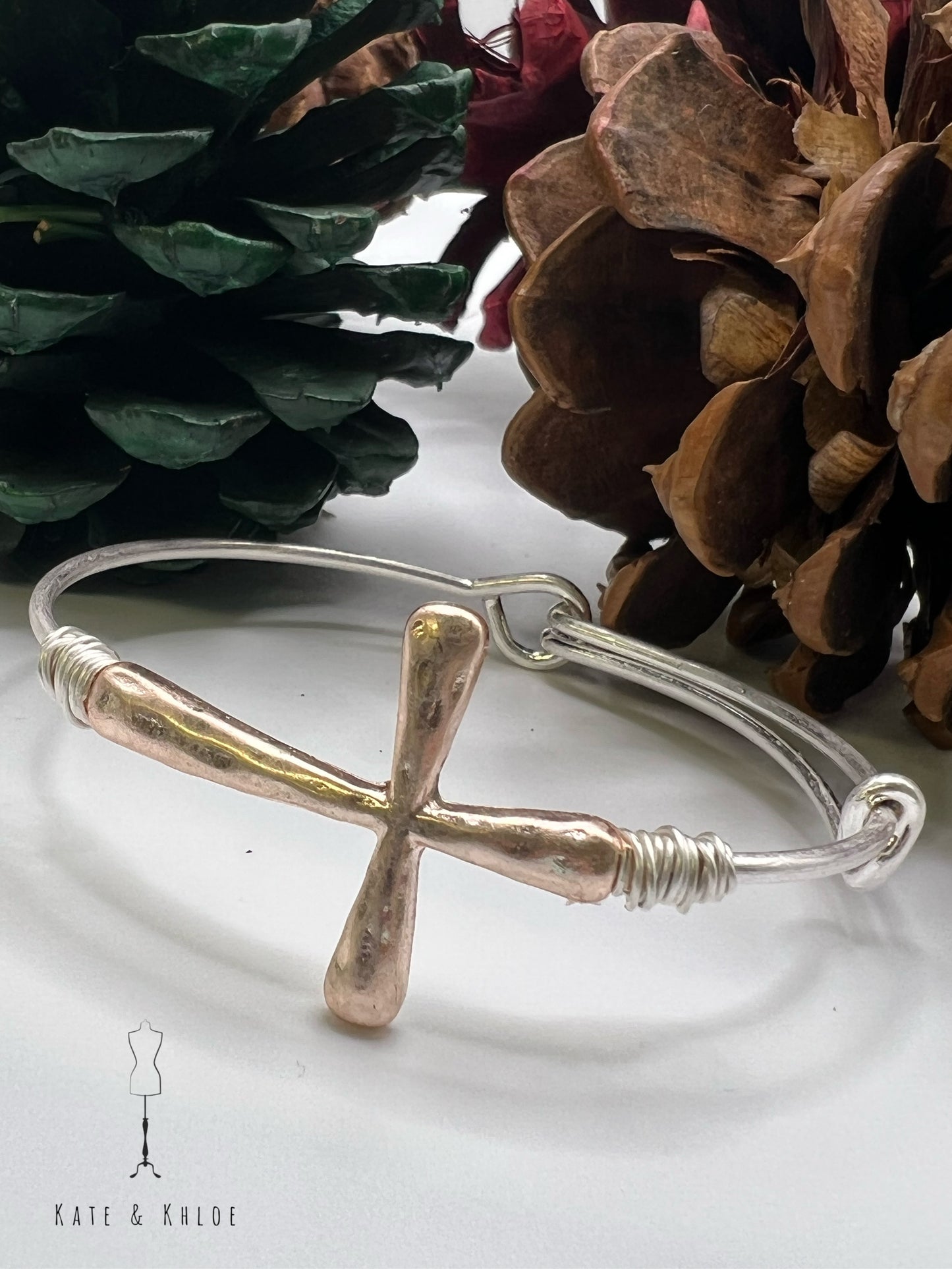 Hammered Cross and Wire Bracelet Rose Gold cross